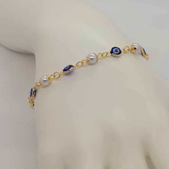 Brand New Brazilian 18k Gold Filled White Beaded & Blue Evil Eye Bracelet - Picture 1 of 3